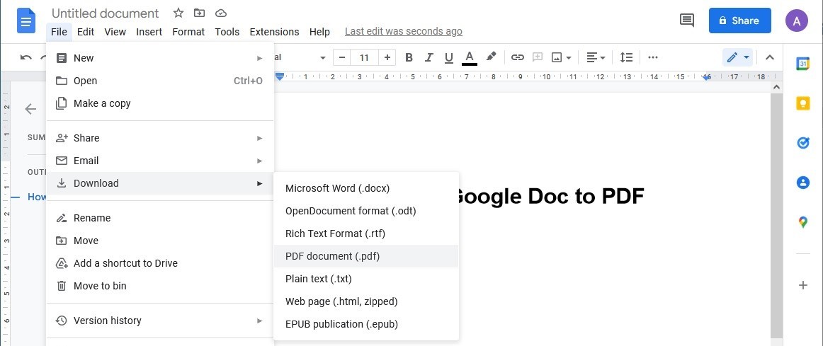 How to convert Google Doc to PDF on a desktop PC